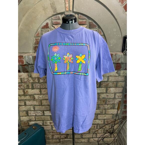 Vintage Tops - t-shirt graphic tee trees nelon yellow green bright 1990s purple